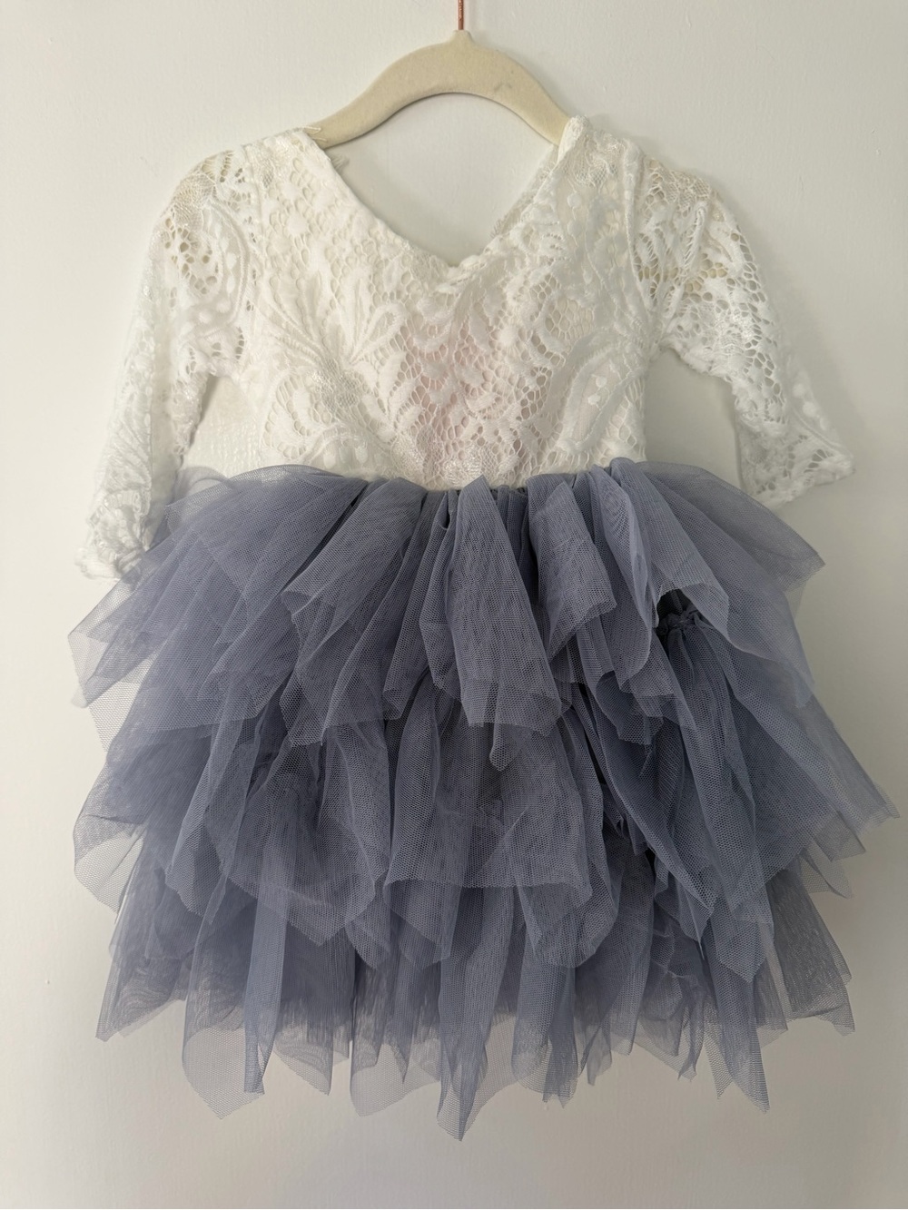 Lace Top Tulle Tiered Skirt dress baby girl - White & slate blue size 12m